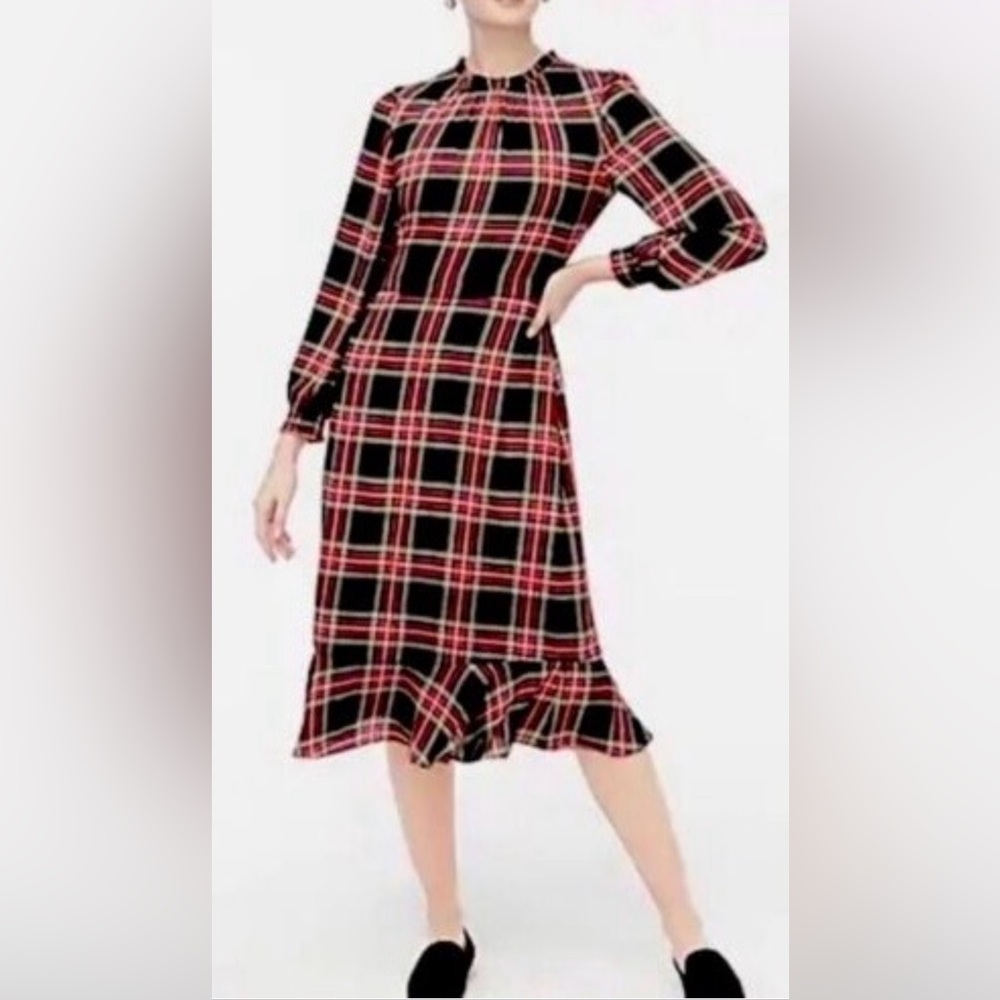 J Crew Black Red Tartan Plaid Ruffle Neck Peasant Midi Christmas Dress Size: 2